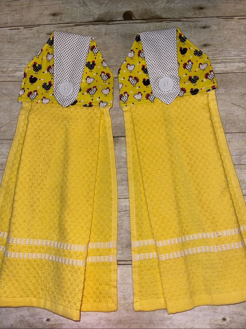 Chickens Sewn Top Hanging Towels Set of 2 Yellow & Black Button Closure